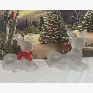 Frosted Glass Reindeer Candlestick Holders Set Of 2 Made In ROC Taiwan Vintage